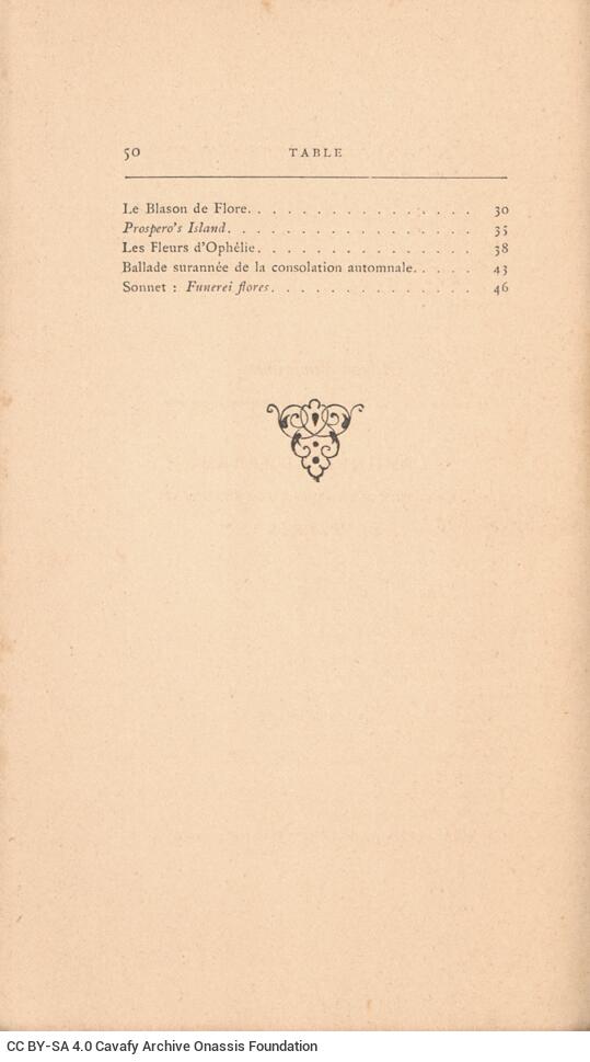 16 x 9 cm; 8 s.p. + 50 p. + 6 s.p., l. 2 bookplate CPC on recto, l. 3 half-title page and C. P. Cavafy's handwritten signatur